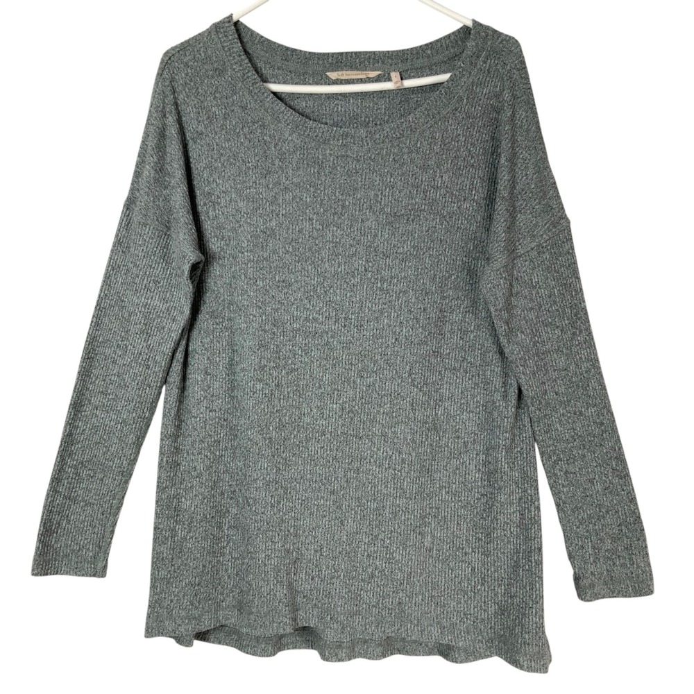 Soft Surroundings Gray Ribbed Knit Tunic Top S Pullover Scoop Neck Long Sleeve